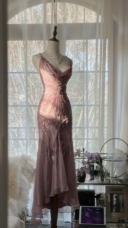 Light purple-red halter-neck fitted waist slim-fitting rhinestone sexy long ball gown R7694