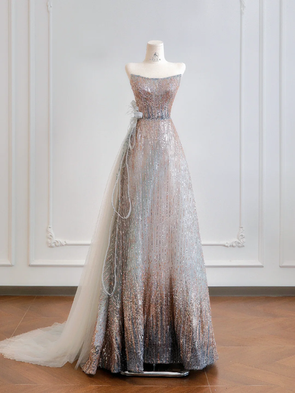 Gradient color strapless waist-cinching A-line long ball gown R8204