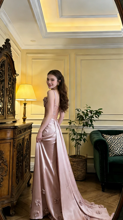 Champagne pink halter-neck fitted long ball gown, bridal dress R8591