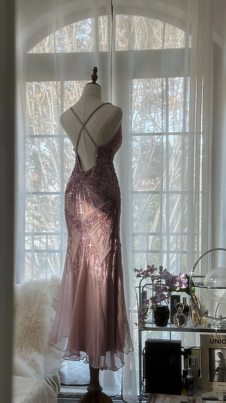 Light purple-red halter-neck fitted waist slim-fitting rhinestone sexy long ball gown R7694