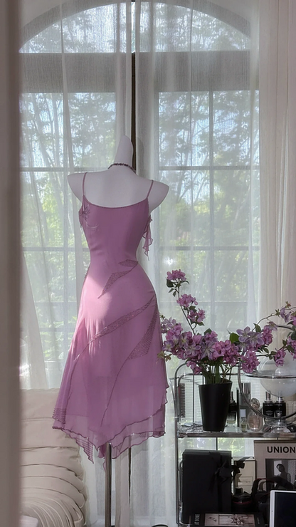 Light purple halter-neck fitted midi ball gown R7653