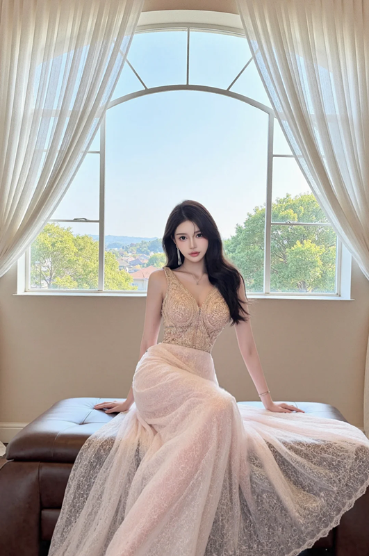 Champagne pink halter-neck, fitted waist, backless, sexy long ball gown R7538