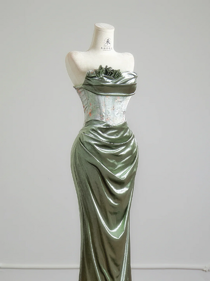 Gray-green strapless fitted waist bodycon long ball gown R8152