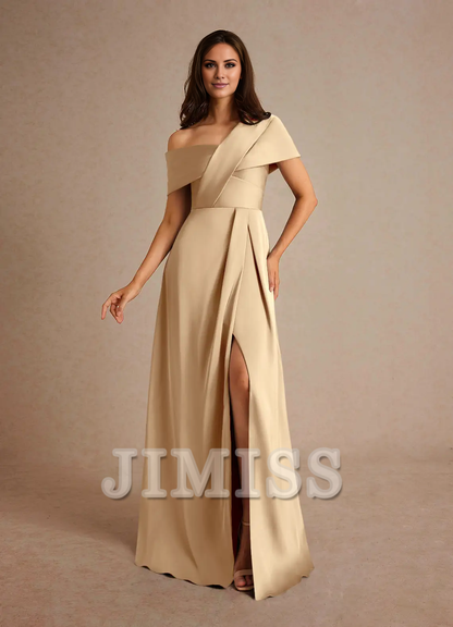 Fashion A-line Asymmetrical Neck Pleated Satin Floor-Length Mother Of The Bride Dress