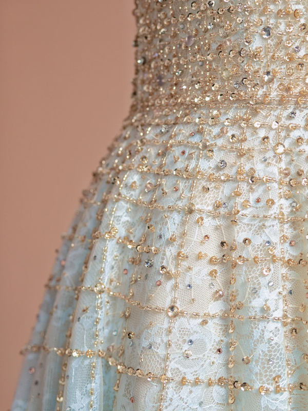 Light blue gradient strapless fitted long ball gown R8404
