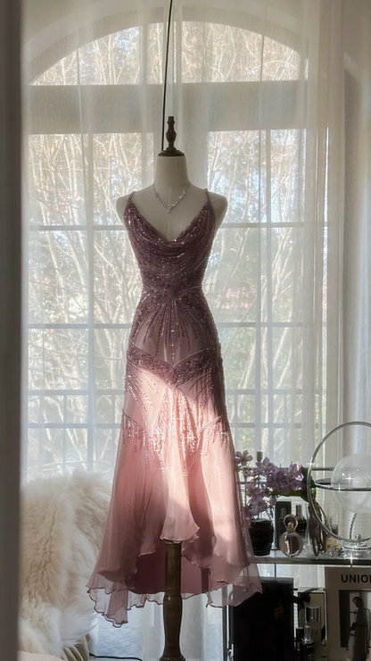 Light purple-red halter-neck fitted waist slim-fitting rhinestone sexy long ball gown R7694