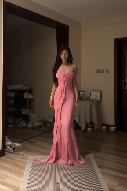 Light pink halter-neck fitted waist bodycon sexy long ball gown R8088