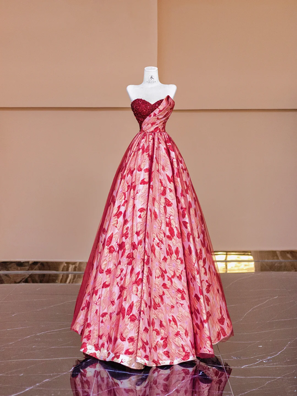 Red strapless, fitted waist, long ball gown with a full skirt R8380