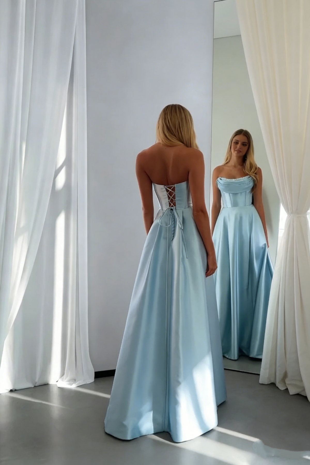 Sweet Yellow Strapless Satin Pleated Slit A Line Party Dress Long Wedding Guest Dress SP1688