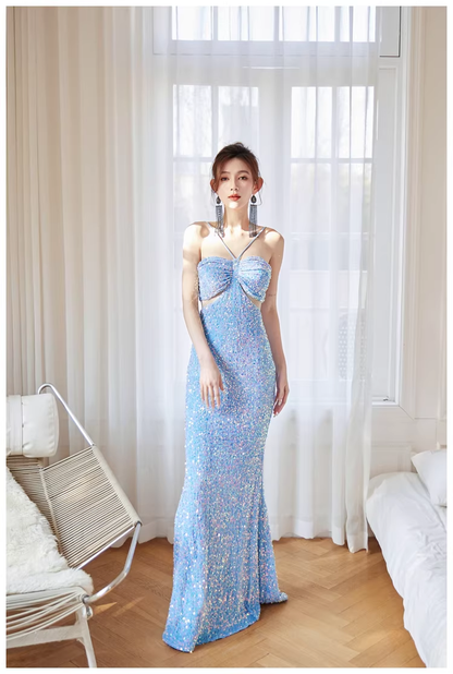 Glitter Blue Sequin Mermaid Long Wedding Guest Dress Formal Evening Dress Party Gown