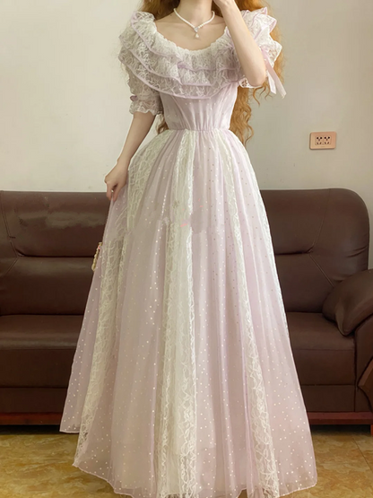 Light Purple Ruffled-Collar Waist-Cinched Long-Length Elegant Ball Gown, Bridal Gown R7332