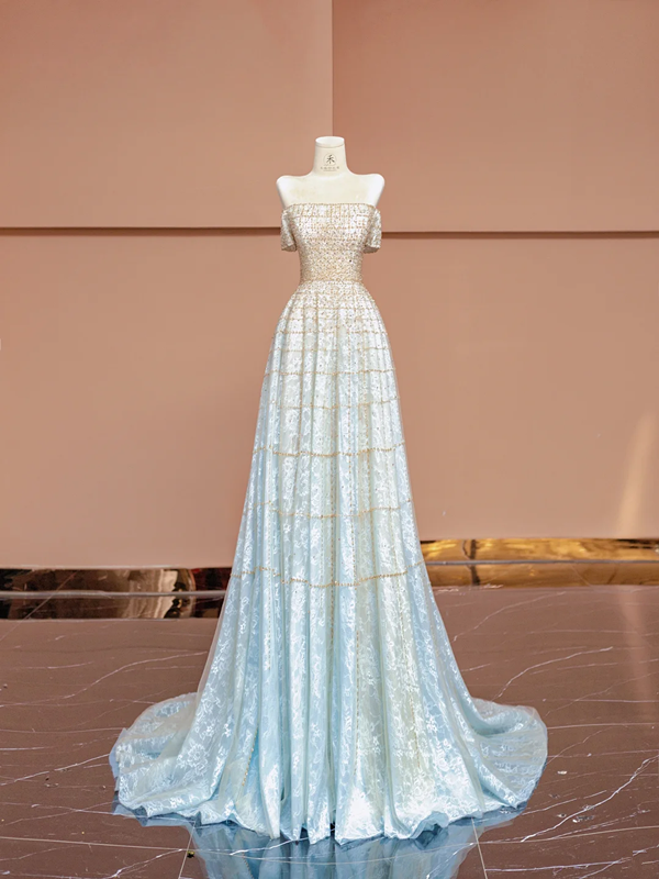 Light blue gradient strapless fitted long ball gown R8404