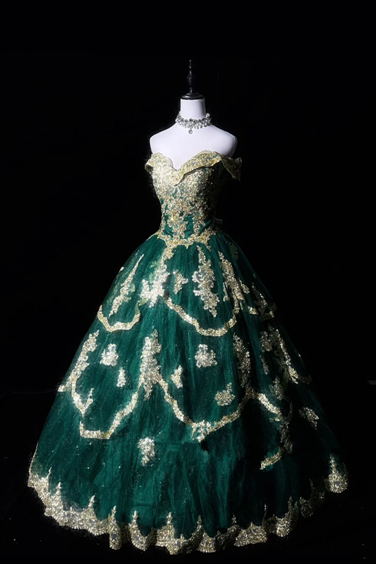 Dark green off-shoulder fitted waist slim-fitting ball gown with a full skirt R8686