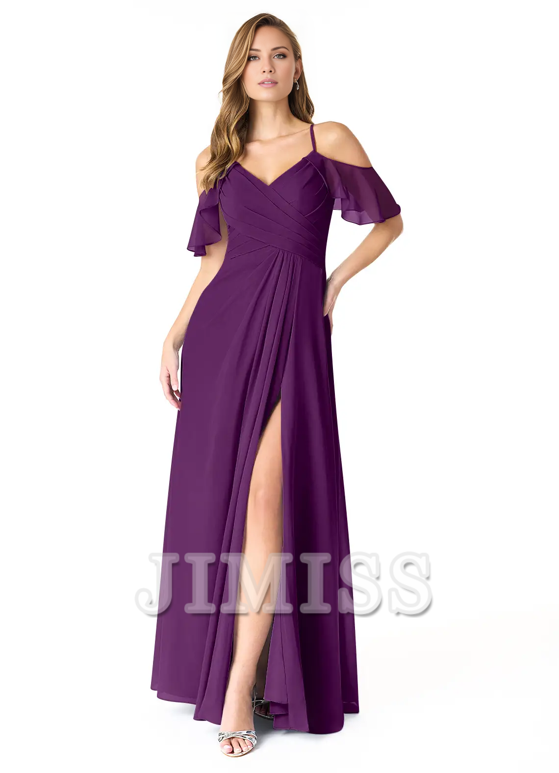 A-line V-neck pleated chiffon side slit and floor length bridesmaid dress - Dress