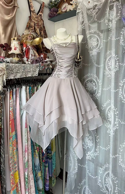 Light gray halter-neck fitted slim-fitting irregular hem sexy ball gown R7885