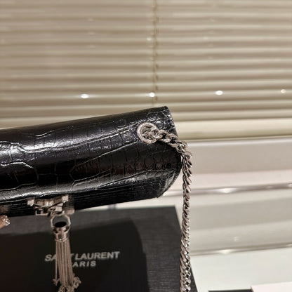 Saint Laurent Kate Tassel Silver Hardware Black 19Cm