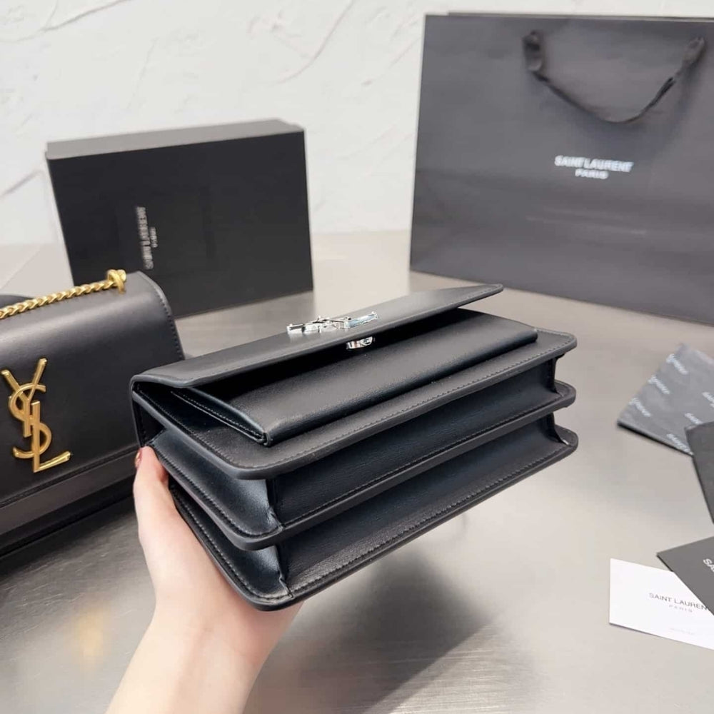 Saint Laurent Sunset Medium Chain Bag In Smooth Black With Silver Hardware 22Cm 442906D420N1000