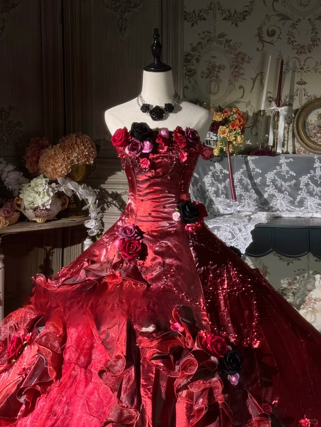Elegant Burgundy Strapless 3D Floral & Ruffled Satin Layers Ball Gown TP5132