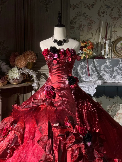 Elegant Burgundy Strapless 3D Floral & Ruffled Satin Layers Ball Gown TP5132