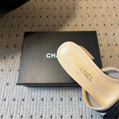 Chanel Mesh Bow Block Heel Mules Beige And Black