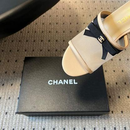 Chanel Mesh Bow Block Heel Mules Beige And Black