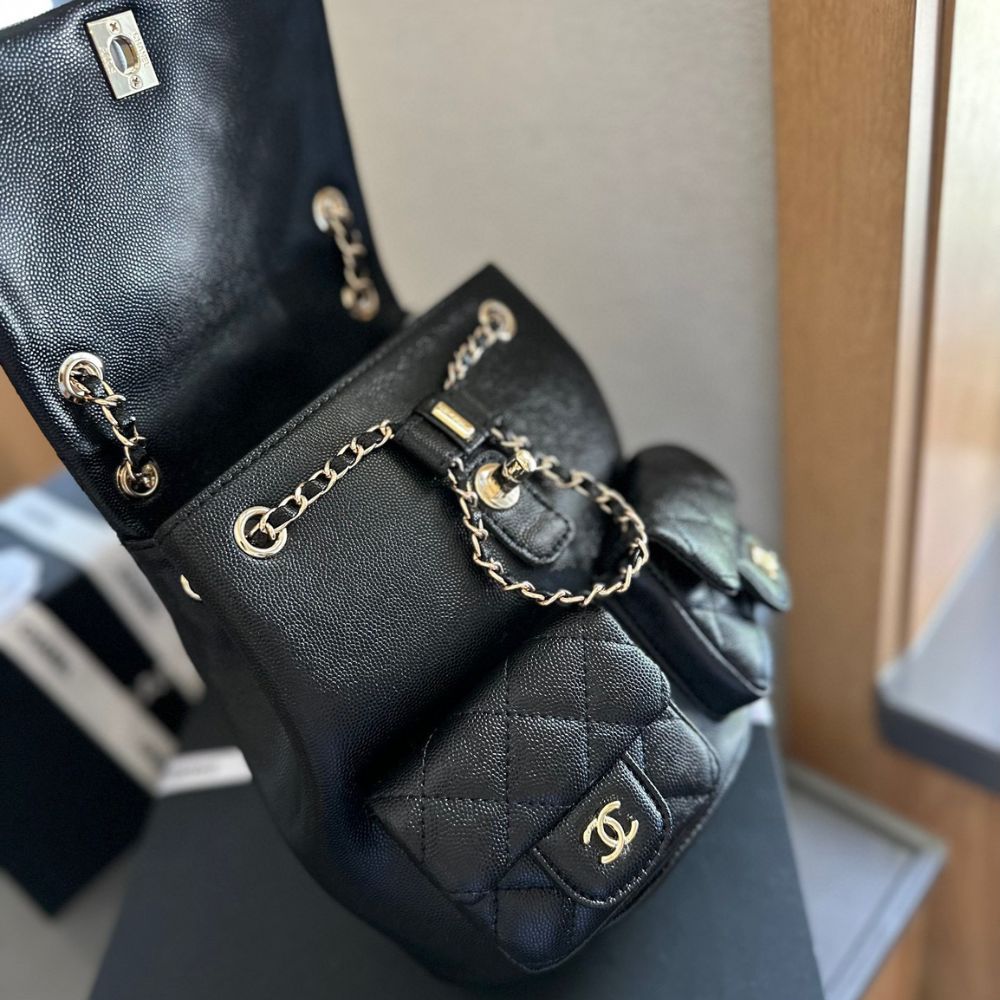 Chanel Mini Backpack Quilted Caviar Black Gold Hardware 21Cm