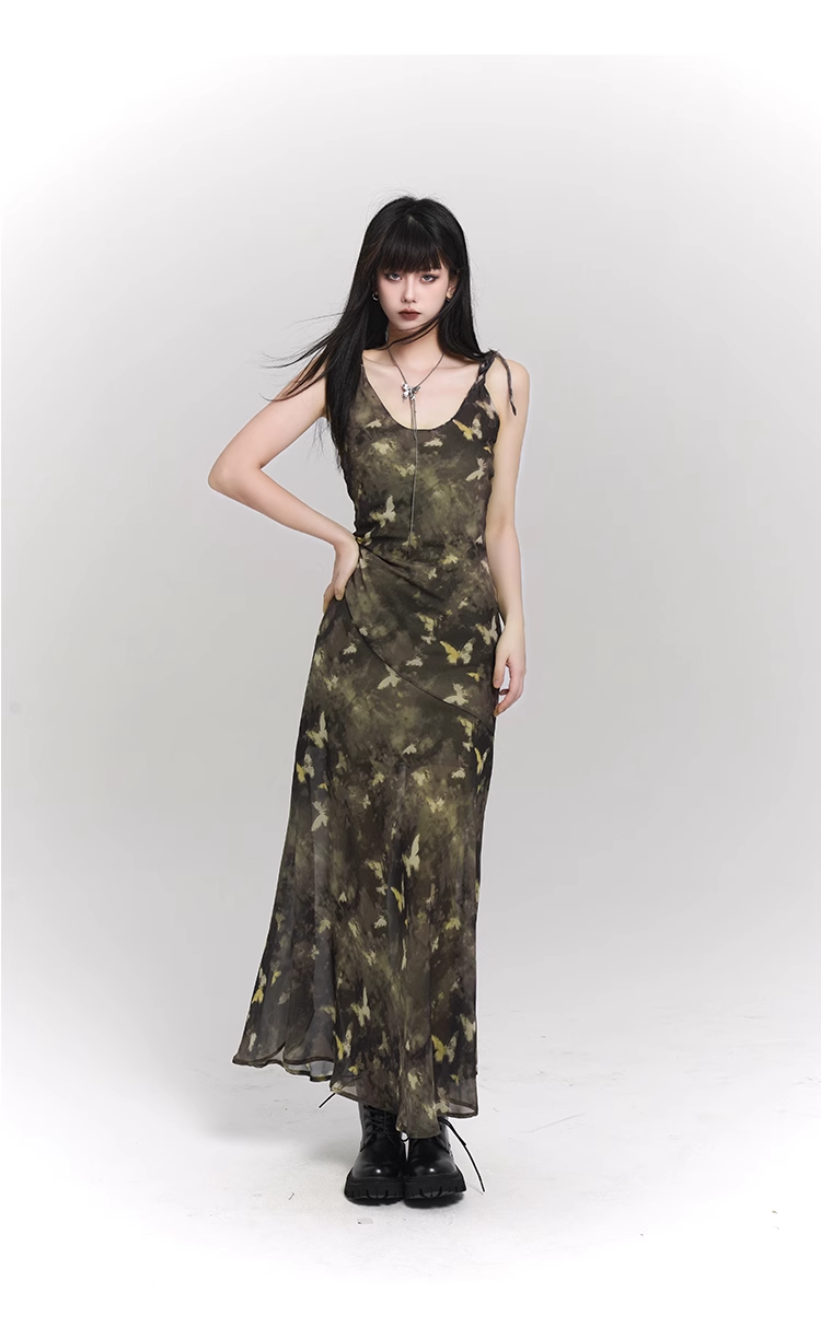 Vintage Butterfly Green Mesh Spaghetti Strap Dress TP2911