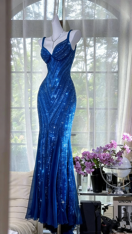 Purple sequined halter-neck fitted sexy ball gown R6526