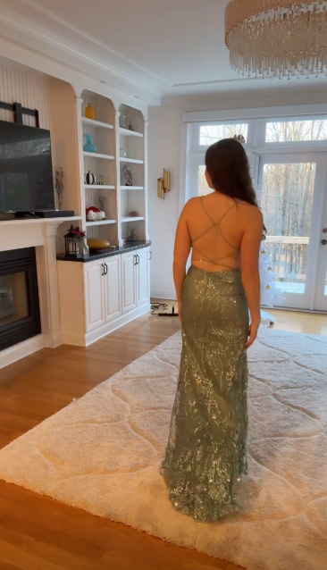 Sparkling Sage Green Sequin Spaghetti Strap V-Neck High Slit Maxi Length Evening Gown TP5272