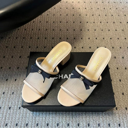Chanel Mesh Bow Block Heel Mules Beige And Black
