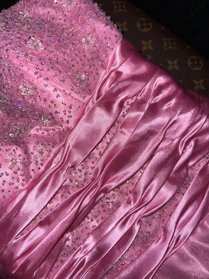Glamorous Bright Pink Chiffon Sweetheart Beaded A-Line Strapless Evening Gown TP5363