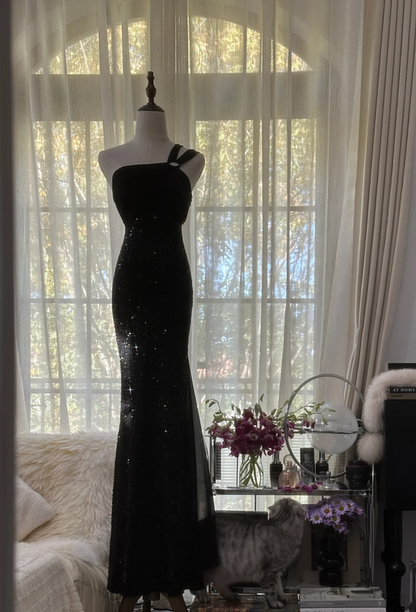 Black one-shoulder halter-neck fitted waist bodycon sexy long ball gown R7735