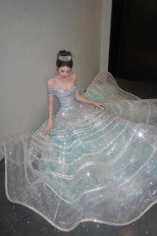 Light blue off-the-shoulder fitted bodice ball gown/bridal dress R8652