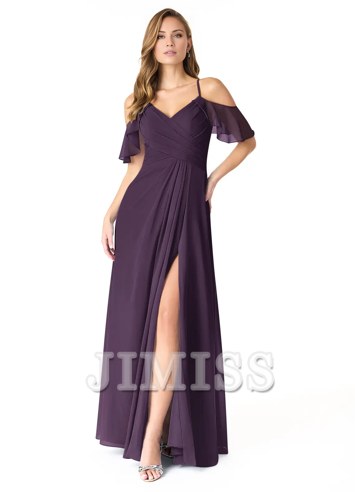 A-line V-neck pleated chiffon side slit and floor length bridesmaid dress - Dress