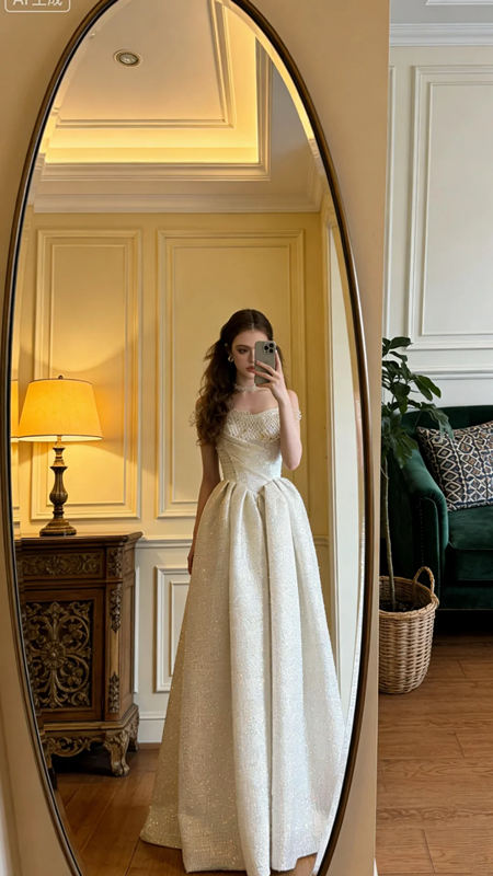 Light apricot strapless long ball gown, bridal dress R8592