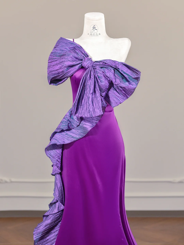 Purple halter neckline, bow-tie, fitted long ball gown R8260