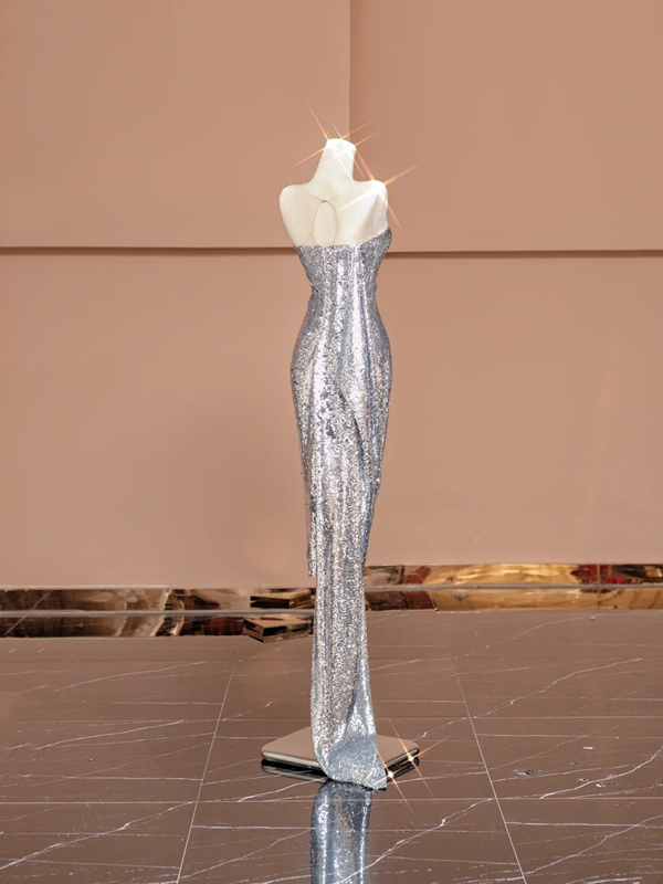 Silver sequined sleeveless fitted long ball gown R8405