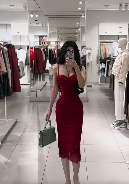 Red spaghetti strap waist-cinching slim-fit bodycon sexy prom dress R7926