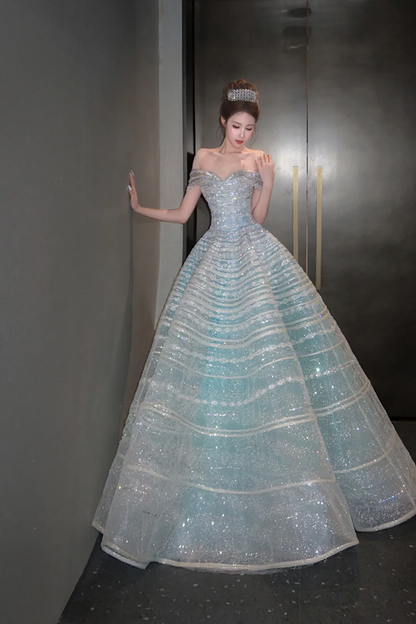Light blue off-the-shoulder fitted bodice ball gown/bridal dress R8652