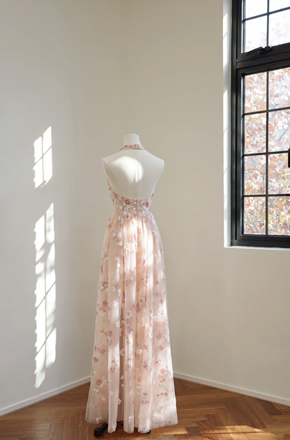 Light pink halter neck fitted waist sequined long ball gown/bridal dress R8531