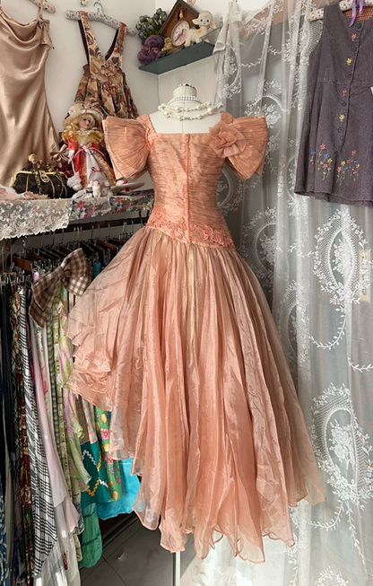 Orange puff-sleeved, fitted, pleated, asymmetrical hem long dress, ball gown R6300