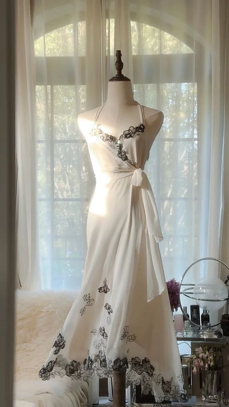 White halter neck fitted waist slim-fit lace skirt long ball gown R7695