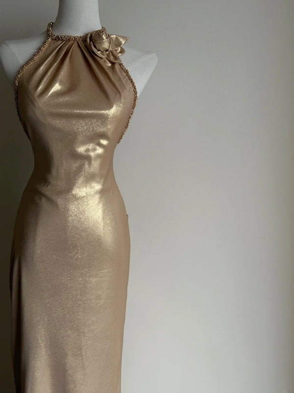 Golden sleeveless waist‑cinched slim‑fit sexy elegant long prom gown, wedding dress R8005