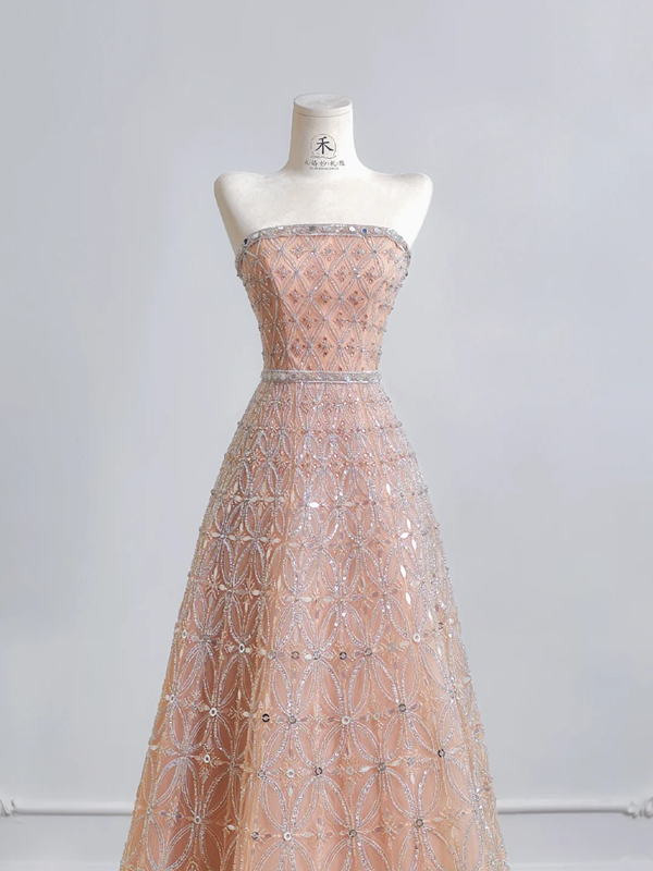 Light pink strapless, fitted waist, A-line skirt, long ball gown R8205