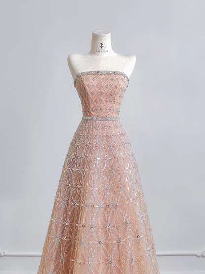Light pink strapless, fitted waist, A-line skirt, long ball gown R8205