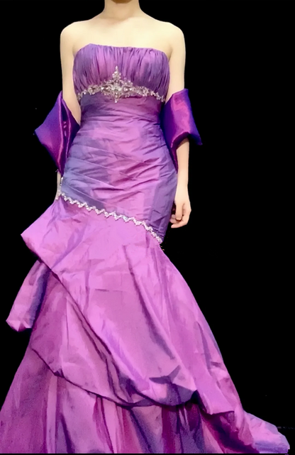 Purple strapless, fitted waist, bodycon skirt, long ball gown R8687
