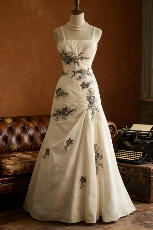 White halter-neck, black embroidered, fitted, bodycon long ball gown R6740