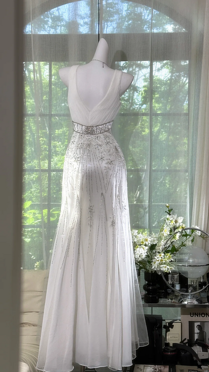 White halter-neck, fitted waist, bodycon fishtail long ball gown R7615