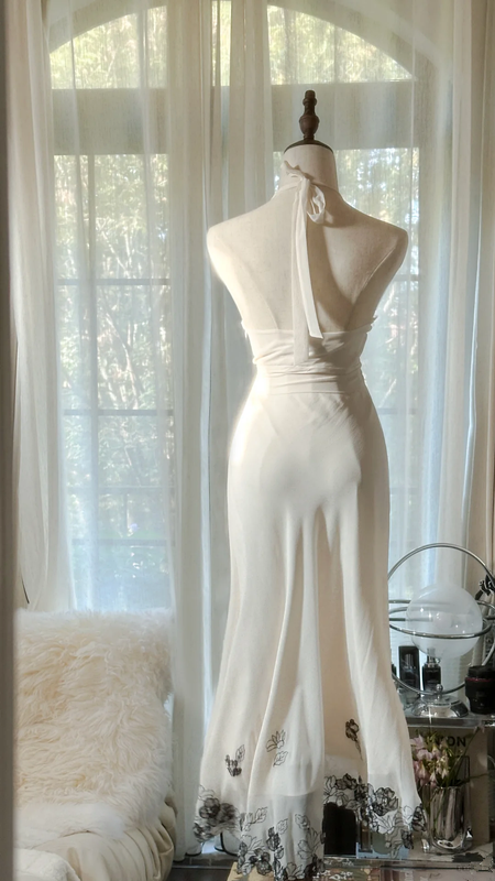 White halter neck fitted waist slim-fit lace skirt long ball gown R7695