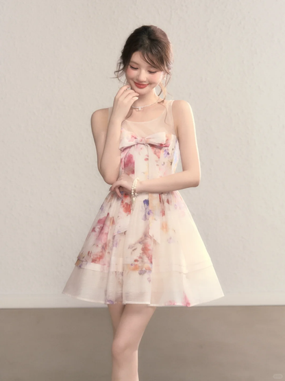 Pink floral sleeveless slim waist A-line short skirt homecoming dress R5408